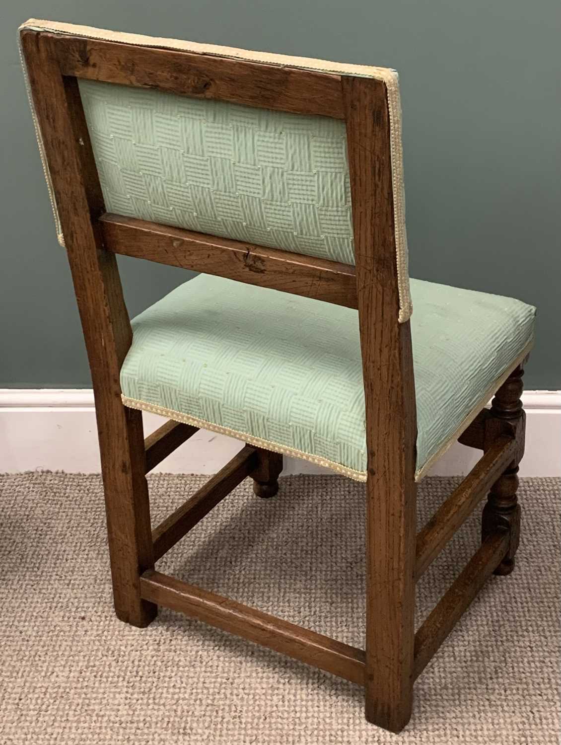 SIX EDWARDIAN OAK DINING CHAIRS (4 + 2), with bobbin stretchers, 92 (h) x 55 (w) x 48cms (d) and - Image 2 of 6