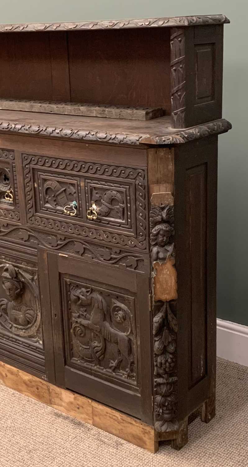 HEAVILY CARVED SIDEBOARD circa 1900, ebonised with heavy carved detail, the base with three deep - Image 3 of 7