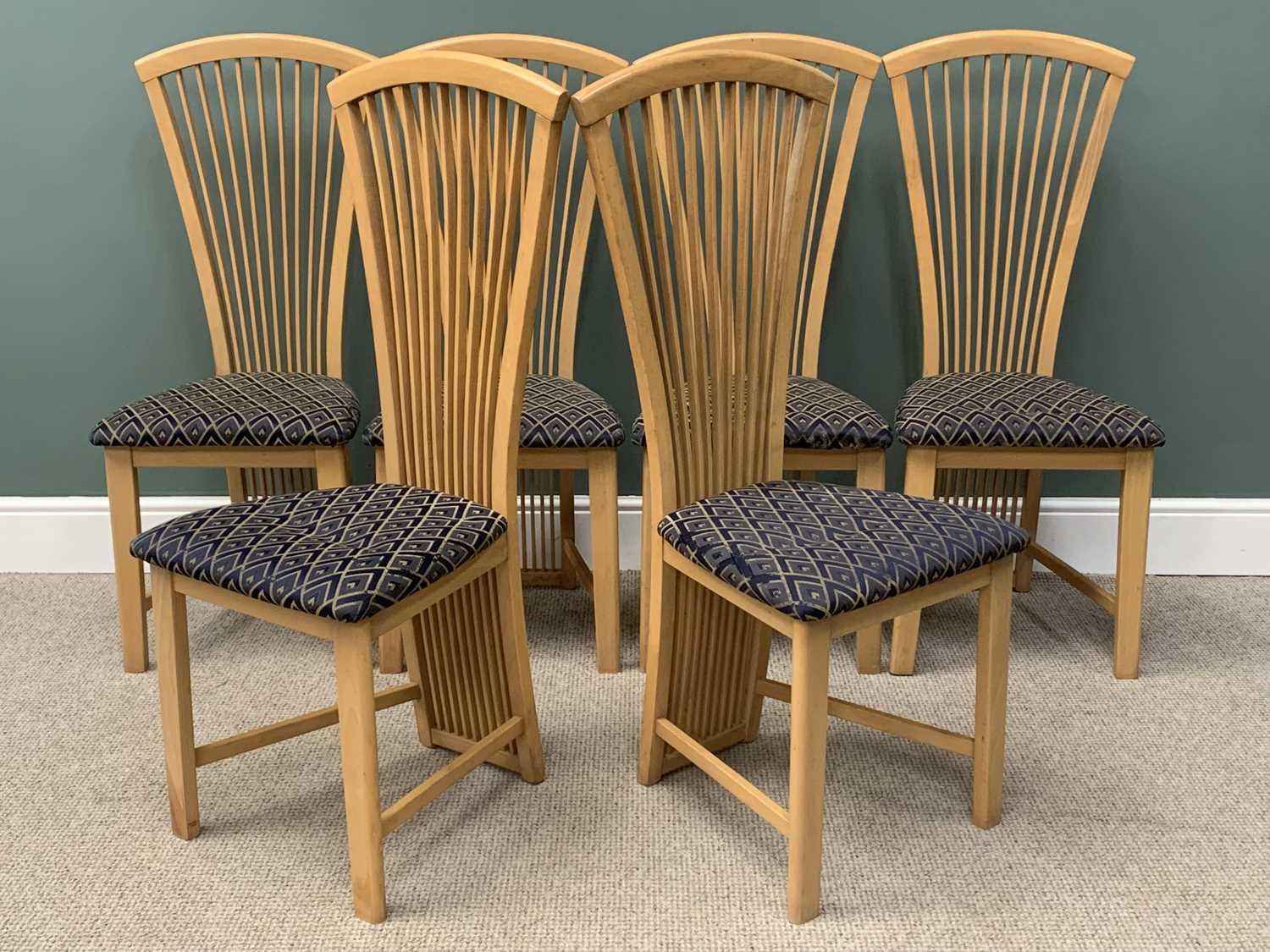 SET OF SIX MODERN DINING CHAIRS with tall tapering comb backs, 115cms (h), 47cms (w), 44cms (d)