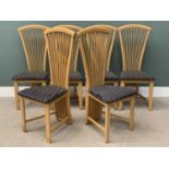 SET OF SIX MODERN DINING CHAIRS with tall tapering comb backs, 115cms (h), 47cms (w), 44cms (d)