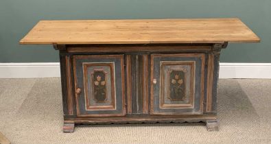 ANTIQUE PINE TABLE with painted two door cupboard base, 78(h) x 178 (w) x 65cms (d) Provenance:
