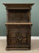 HEAVILY CARVED NARROW COURT CUPBOARD with canopy top and single base cupboard door, lion masks and