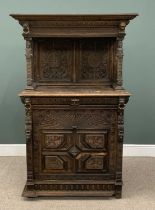 HEAVILY CARVED NARROW COURT CUPBOARD with canopy top and single base cupboard door, lion masks and
