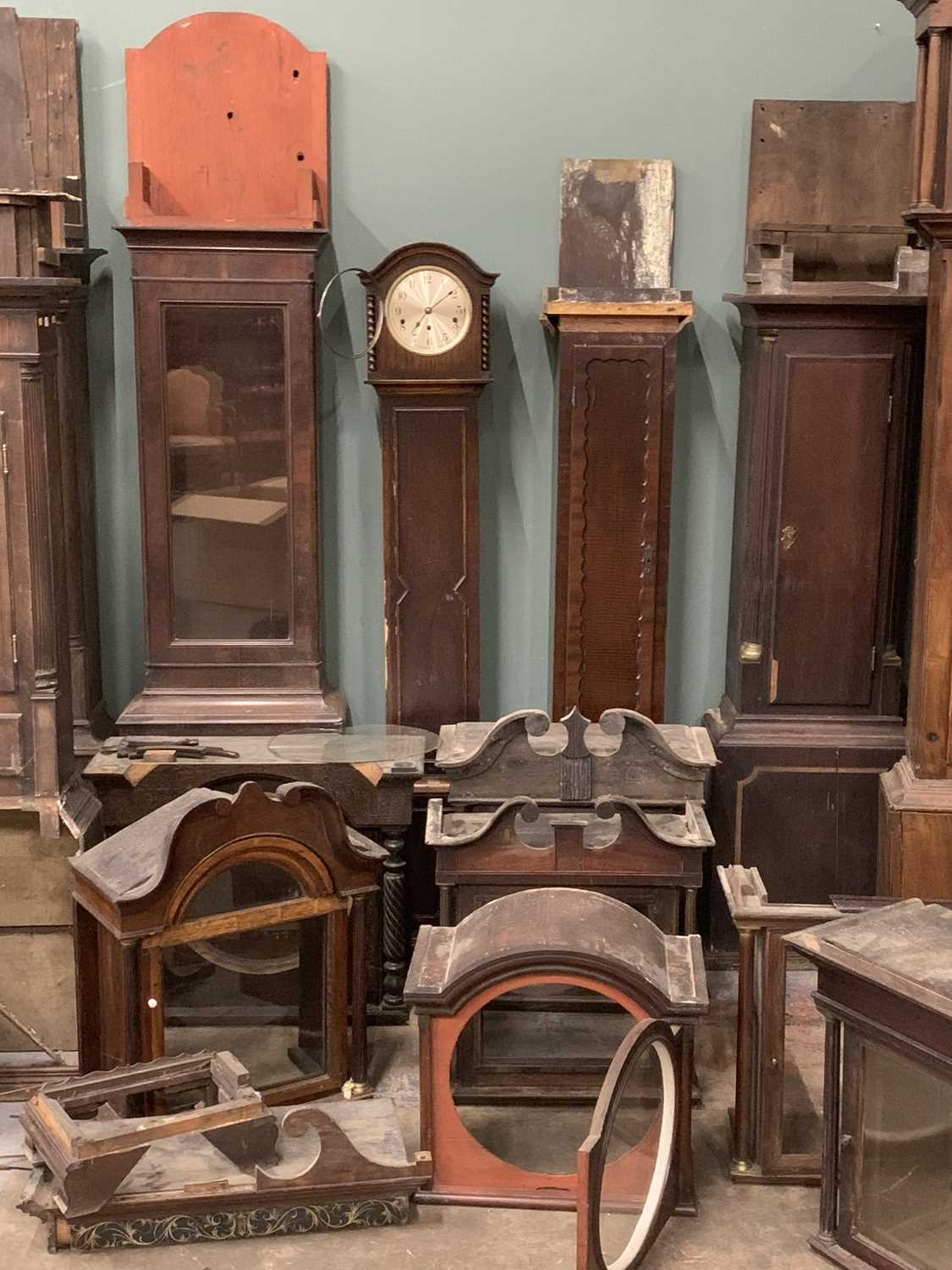 SUNDRY LONGCASE CLOCK / CLOCK PARTS approx. thirteen cases, seven hoods, many weights and pendulums, - Image 12 of 16