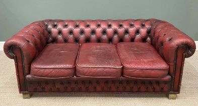 RED LEATHER THREE SEATER CHESTERFIELD TYPE SOFA 68 (h) x 188 (w) x 58cms (d) Provenance: private