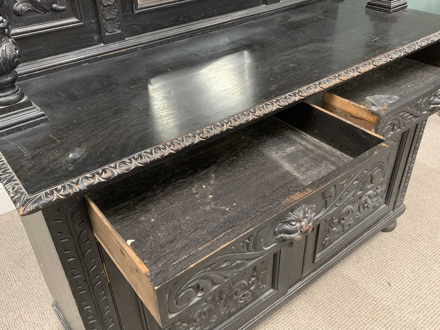 EBONISED OAK MIRROR BACK SIDEBOARD, heavily carved with lion mask detail, 203 (h) x 165 (w) x - Image 3 of 5