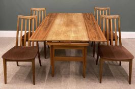 MID-CENTURY EXTENDING TABLE & FOUR CHAIRS, 72 (h) x 150 (w) x 105cms (d) open, 58cms closed