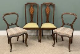 VARIOUS ANTIQUE CHAIRS comprising pair of inlaid splat back with upholstered seats on tapered
