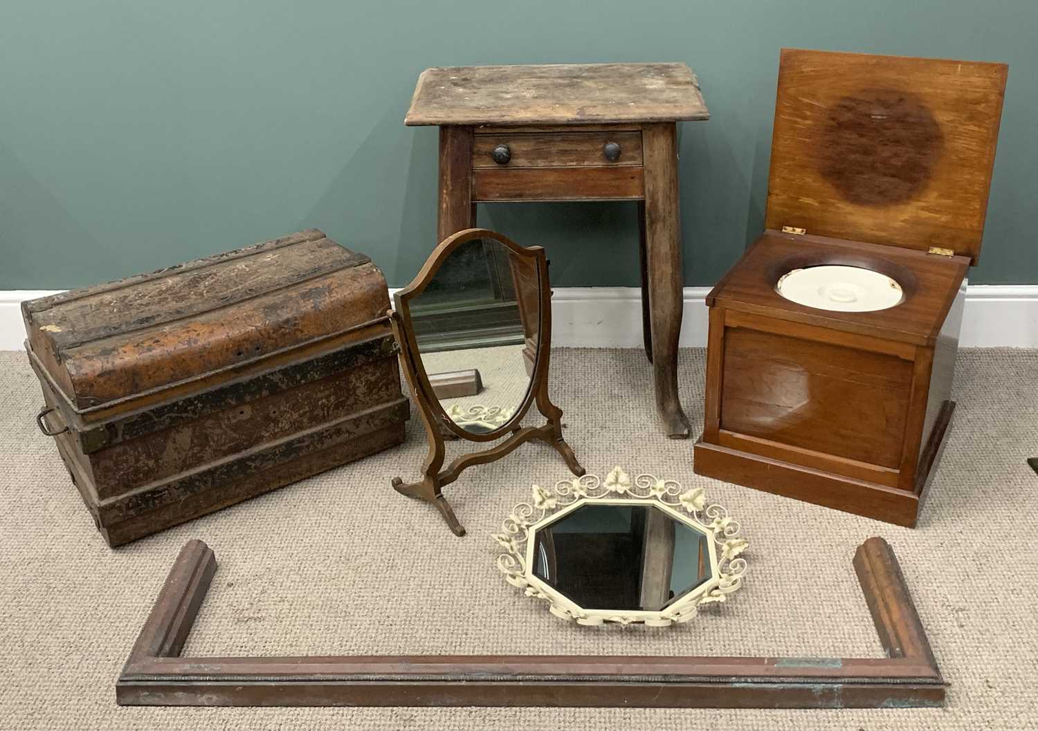 SIX VINTAGE FURNISHING ITEMS to include a heavy hall table with single drawer, 76 (h) x 62 (w) x