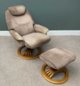 STRESSLESS TYPE RECLINING & SWIVEL ARMCHAIR & MATCHING FOOTSTOOL, 107 (h) x 79 (w) x 61cms (base