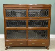 VINTAGE MAHOGANY LIBRARY BOOKCASE having three leaded glass letterbox doors above two drawers raised