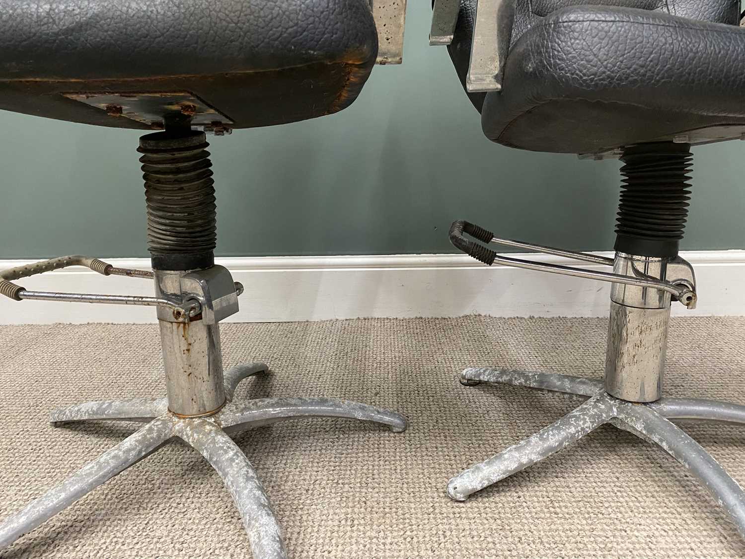 TWO VINTAGE ADJUSTABLE BARBERS' CHAIRS 99 (h) x 60 (w) x 44cms (d) Provenance: private collection - Image 5 of 7