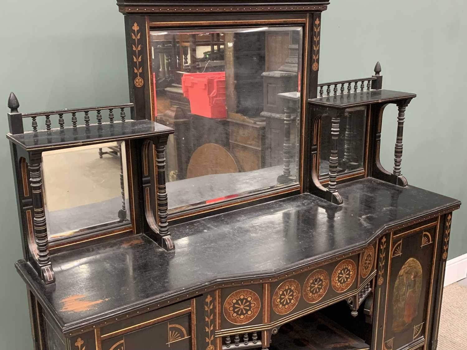 AESTHETIC MOVEMENT EBONISED MIRROR BACK SIDEBOARD circa 1880, painted and with exotic inlay, side - Image 5 of 7