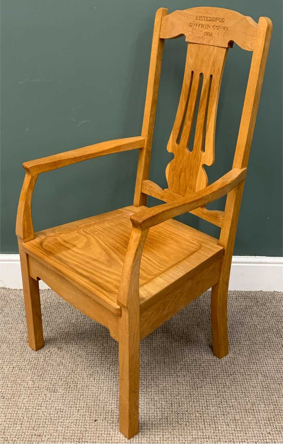 MODERN OAK EISTEDDFOD CHAIR for 'Dyffryn Conwy 1998', stamped M. Rayner to base, 116 (h) x 58 (w) - Image 3 of 6