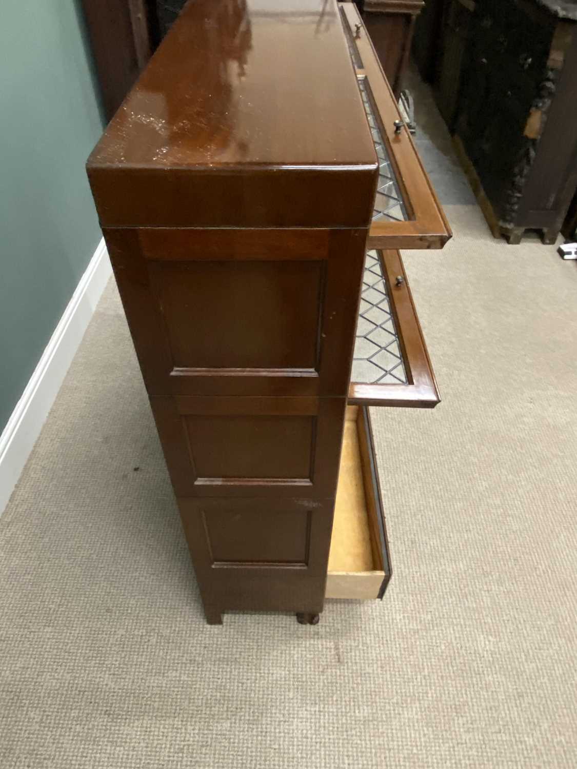 VINTAGE MAHOGANY LIBRARY BOOKCASE having three leaded glass letterbox doors above two drawers raised - Image 5 of 6