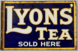 VINTAGE ENAMEL ADVERTISING SIGN, double sided 'Lyons Tea Sold Here', white with orange bordered