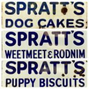 THREE VINTAGE ENAMEL ADVERTISING SIGNS, Spratt`s Dog Foods Puppy Biscuits, Wheetmeet and Rodnim, Dog