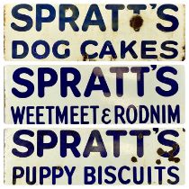 THREE VINTAGE ENAMEL ADVERTISING SIGNS, Spratt`s Dog Foods Puppy Biscuits, Wheetmeet and Rodnim, Dog