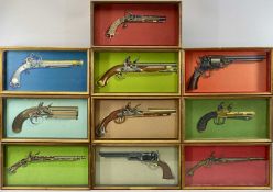 TEN RONALD PATON CASED DISPLAY FIREARMS PRINTS, flintlock pistols and revolvers, 8 and 2