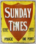 VINTAGE ENAMEL ADVERTISING SIGN Sunday Times, red shield with white lettering against a yellow