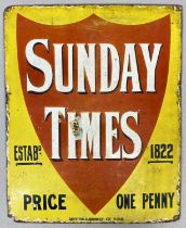 VINTAGE ENAMEL ADVERTISING SIGN Sunday Times, red shield with white lettering against a yellow