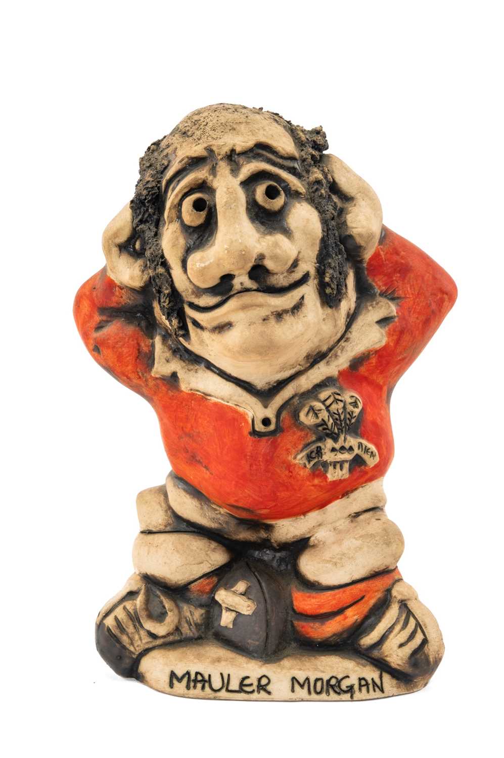 GROGG CARICATURE BY JOHN HUGHES standing on titled base, 'Mauler Morgan', wearing Wales No.2