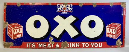 VINTAGE ENAMEL ADVERTISING SIGN FOR OXO white lettering on a cobalt blue centre with red border,
