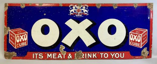 VINTAGE ENAMEL ADVERTISING SIGN FOR OXO white lettering on a cobalt blue centre with red border,