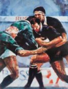 RICHARD A. WILLS limited edition (835/850) print - a rugby match scene with maul forming, signed