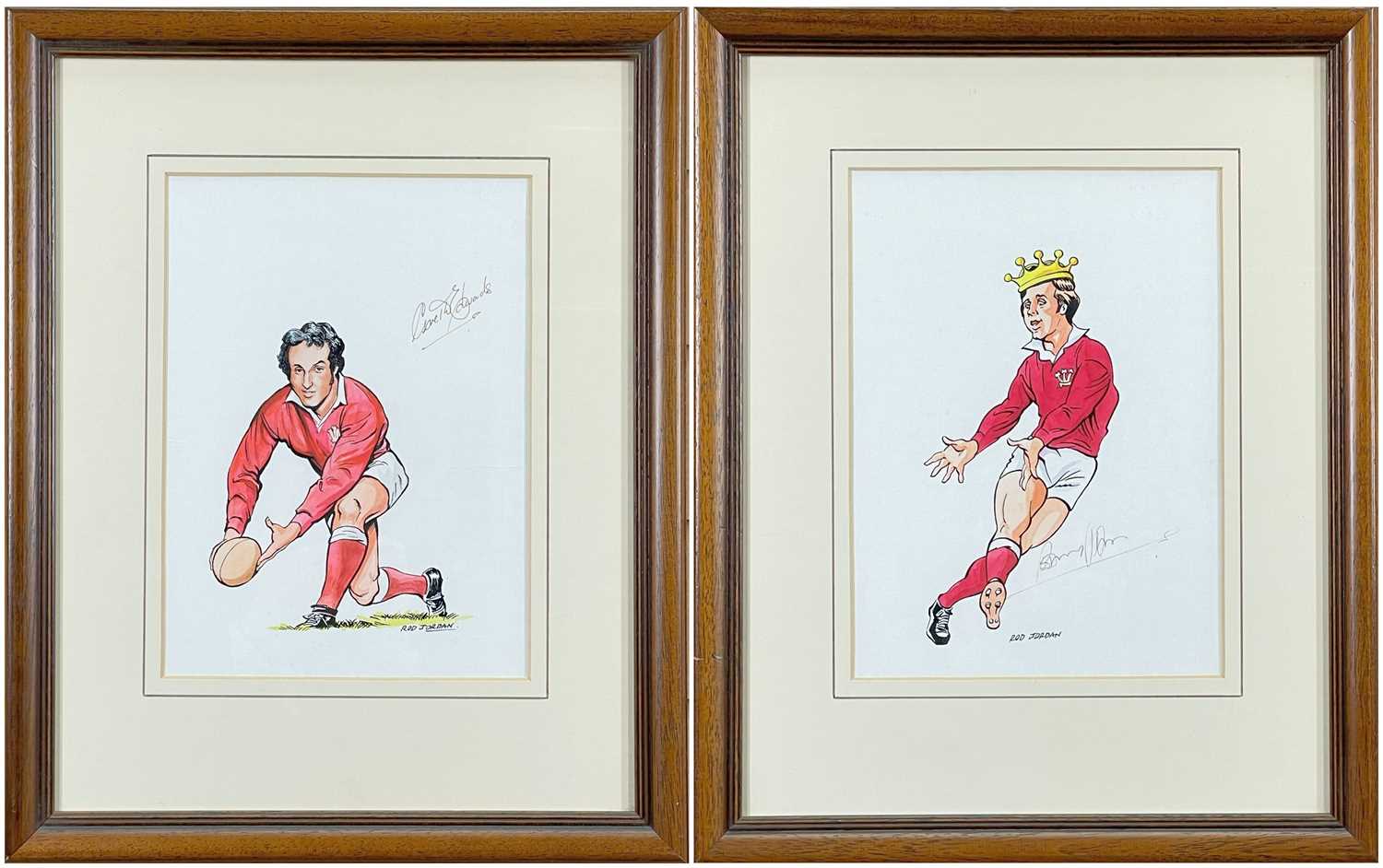 ROD JORDON mixed media - two signed caricatures of Welsh rugby legends Sir Gareth Edwards and the