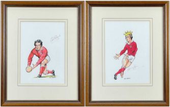 ROD JORDON mixed media - two signed caricatures of Welsh rugby legends Sir Gareth Edwards and the