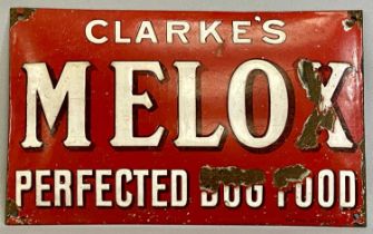 VINTAGE ENAMEL ADVERTISING SIGN, Clarke's Melox Perfected Dog Food, cushion effect sign, white