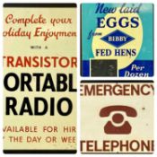 THREE METAL & OTHER VINTAGE ADVERTISING SIGNS, comprising 'New Laid Eggs from Bibby fed Hens', '