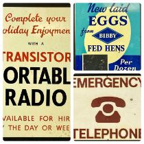 THREE METAL & OTHER VINTAGE ADVERTISING SIGNS, comprising 'New Laid Eggs from Bibby fed Hens', '
