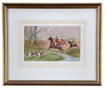 FREDERICK GEORGE PASMORE watercolour - hunting scene with master and hounds at river, signed, 13.5 x