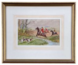 FREDERICK GEORGE PASMORE watercolour - hunting scene with master and hounds at river, signed, 13.5 x