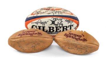 THREE SIGNED SUPPORTER RUGBY UNION BALLS comprising two smaller 'Super Springbok' balls with