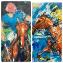 ALASDAIR BANKS (SCOTTISH CONTEMPORARY), oils and acrylics on canvas (2), polo players on