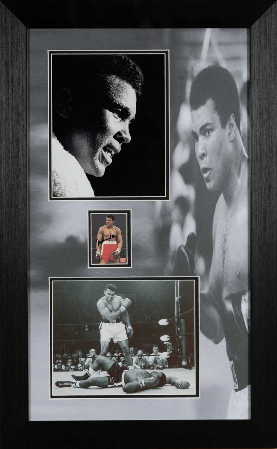 MUHAMMAD ALI FRAMED PHOTOGRAPHIC MONTAGE, coloured hand signed boxing card 68 x 39cms Provenance: