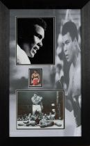 MUHAMMAD ALI FRAMED PHOTOGRAPHIC MONTAGE, coloured hand signed boxing card 68 x 39cms Provenance: