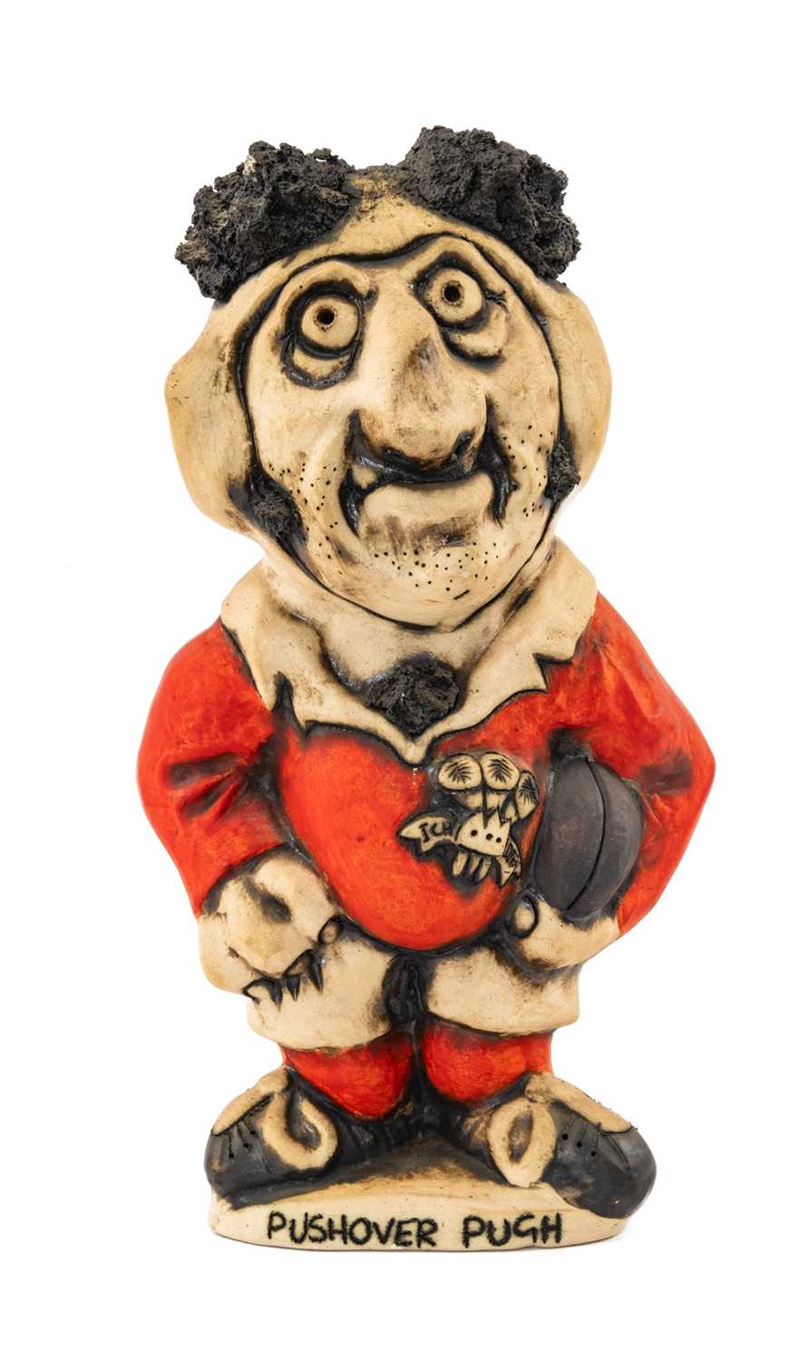 GROGG CARICATURE BY JOHN HUGHES standing on titled base, 'Pushover Pugh', wearing Wales No.3