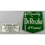 TWO VINTAGE ENAMEL ADVERTISING SIGNS, comprising a shaped double sided sign worded Quality-De