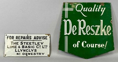 TWO VINTAGE ENAMEL ADVERTISING SIGNS, comprising a shaped double sided sign worded Quality-De