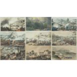 NINE MILITARY ENGRAVINGS including five hand coloured aquatints by William Heath, later published in