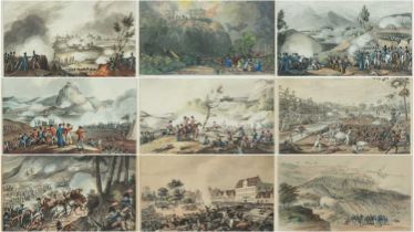 NINE MILITARY ENGRAVINGS including five hand coloured aquatints by William Heath, later published in