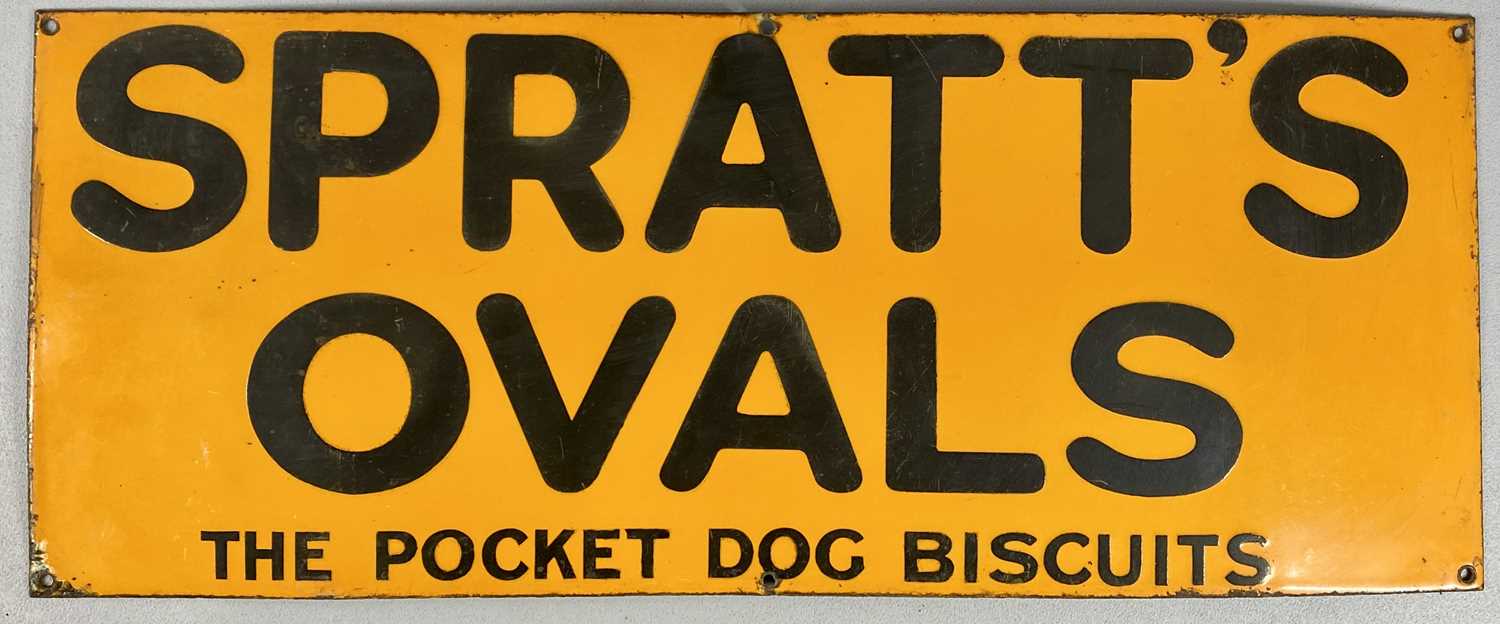 VINTAGE ENAMEL ADVERTISING SIGN Spratts`s Ovals The Pocket Dog Biscuits, black lettering, orange