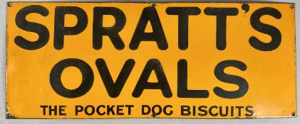 VINTAGE ENAMEL ADVERTISING SIGN Spratts`s Ovals The Pocket Dog Biscuits, black lettering, orange