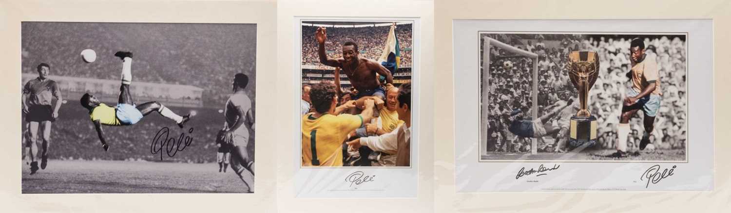 FOOTBALL INTEREST PHOTOGRAPHIC PRINTS including b/w photo of Pelé playing for Brazil, the print