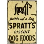 VINTAGE ENAMEL ADVERTISING SIGN FOR SPRATTS Spratts`s Biscuit Dog Foods, black lettering, cream