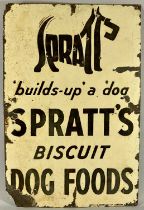 VINTAGE ENAMEL ADVERTISING SIGN FOR SPRATTS Spratts`s Biscuit Dog Foods, black lettering, cream